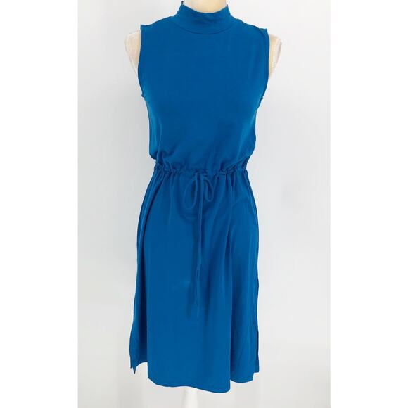 Eileen Fisher Womens Blouson Dress XXS Blue Mock Neck Slit Hem - Picture 3 of 10